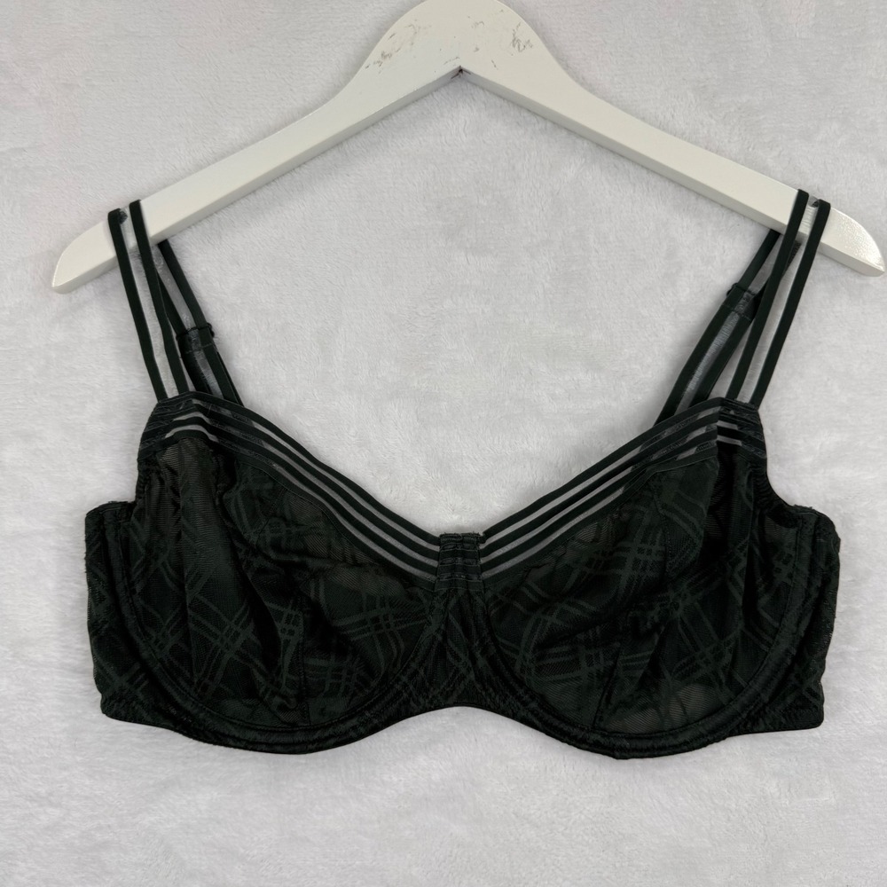 Adore Me Black Plaid Sheer Mesh Balconette Bra 40DD BR-09246-BAL Strappy Unlined